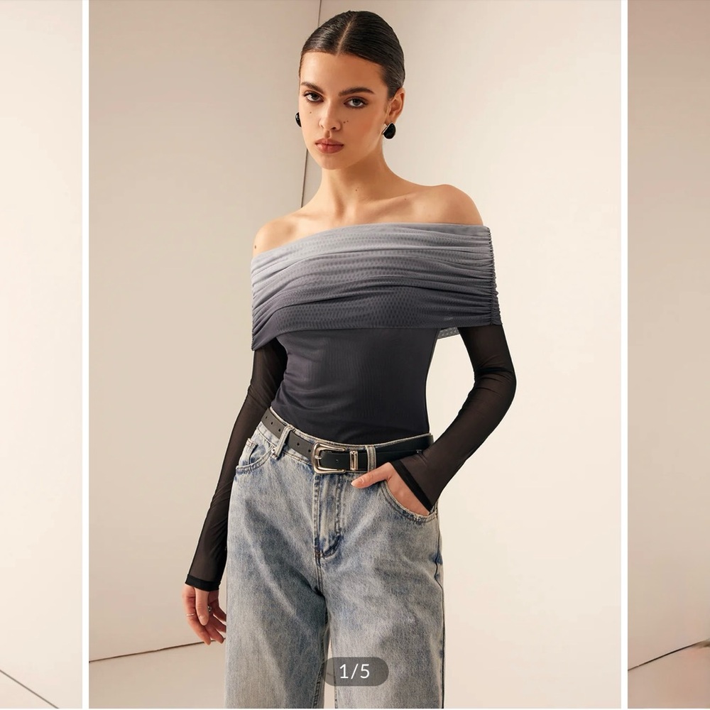 NWT 🌚 Mesh Ruched Off Shoulder Ombre Shirt